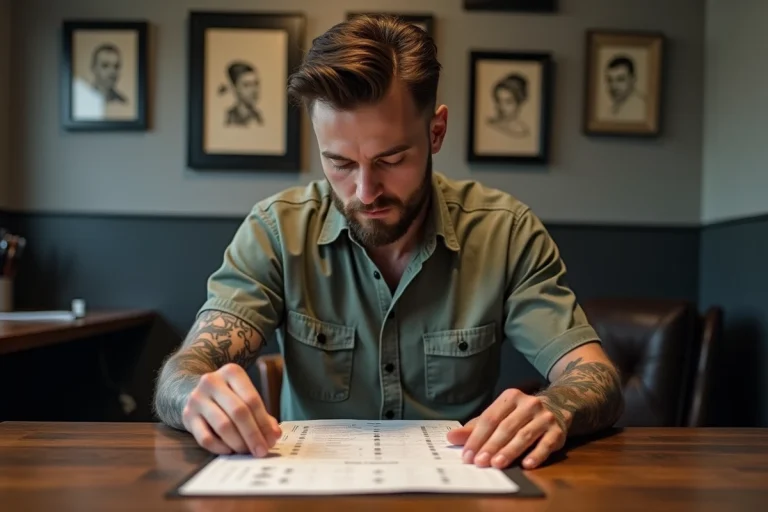 Homme concentré devant un tableau de prix dans un studio de tatouage