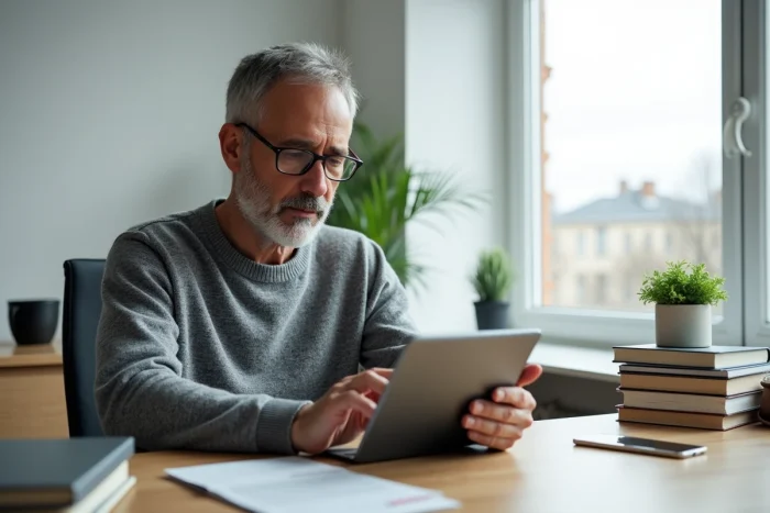 Homme consultant les actualités sur une tablette numérique dans un bureau à domicile moderne