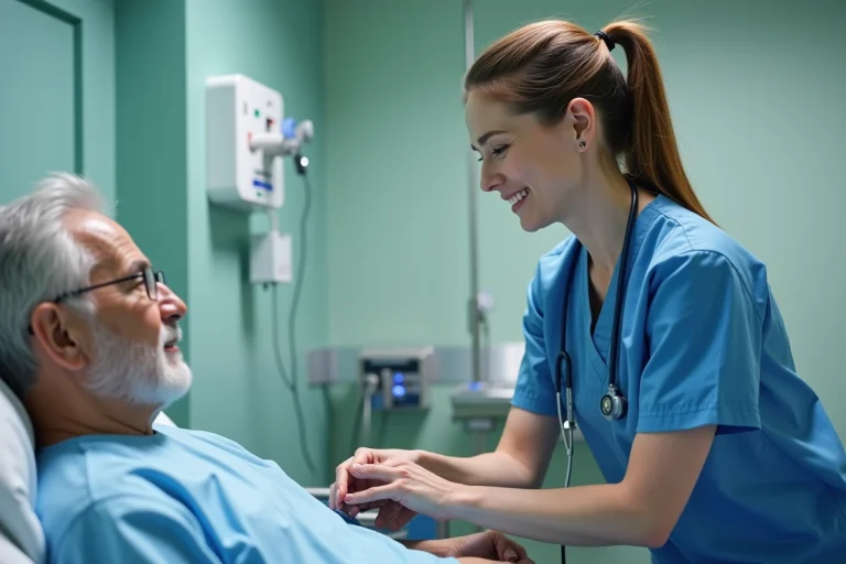 Infirmière en blouse bleue vérifiant le pouls d'un patient âgé