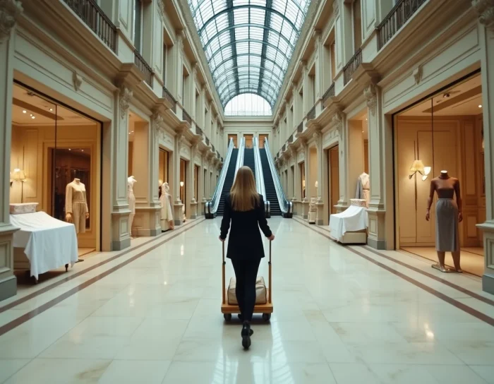 Intérieur d'un magasin Galeries Lafayette en cours de fermeture avec présentoirs vides et employée