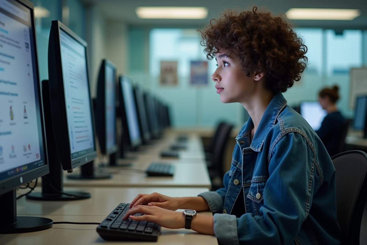 Jeune femme étudiante concentrée sur ordinateur en laboratoire