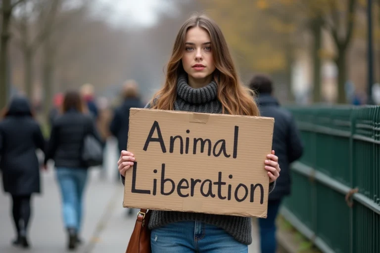 Jeune femme avec panneau liberation animale en extérieur