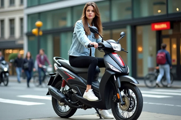 Jeune femme en denim sur une moto en ville dynamique
