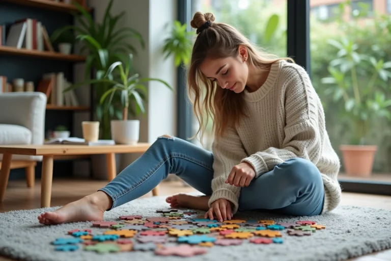 Jeune femme concentrée assemble un puzzle 3D dans un salon
