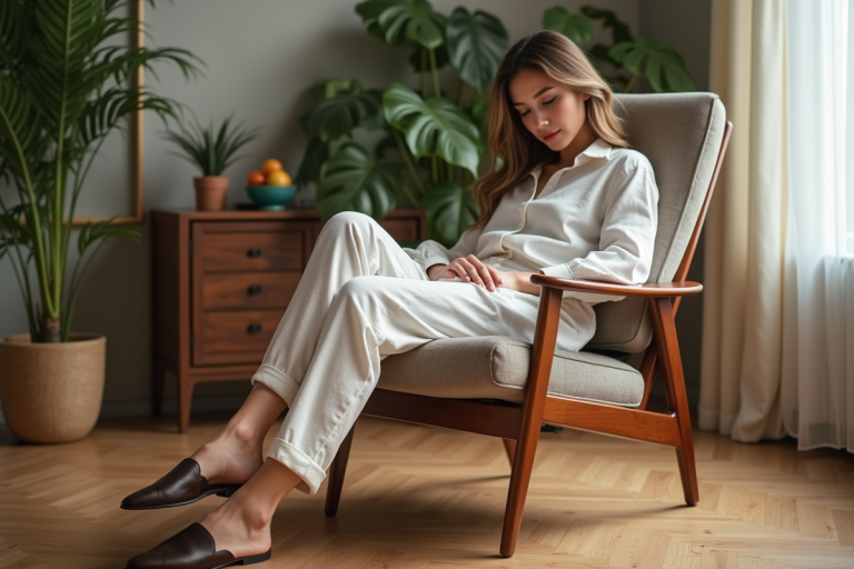 Jeune femme élégante en intérieur avec chaussures en cuir