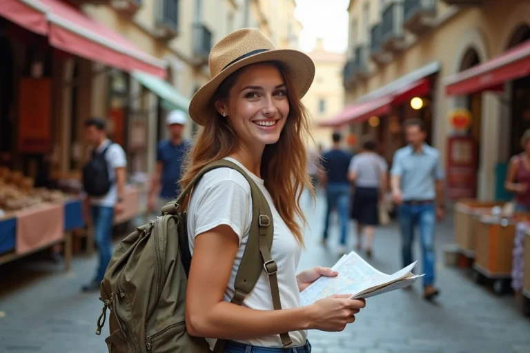Jeune femme souriante avec sac à dos examine une carte en ville