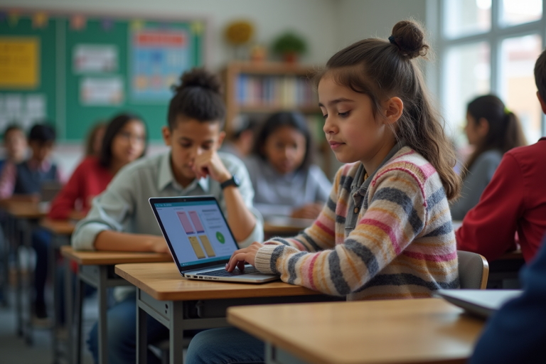 Jeune fille en classe utilisant une tablette éducative