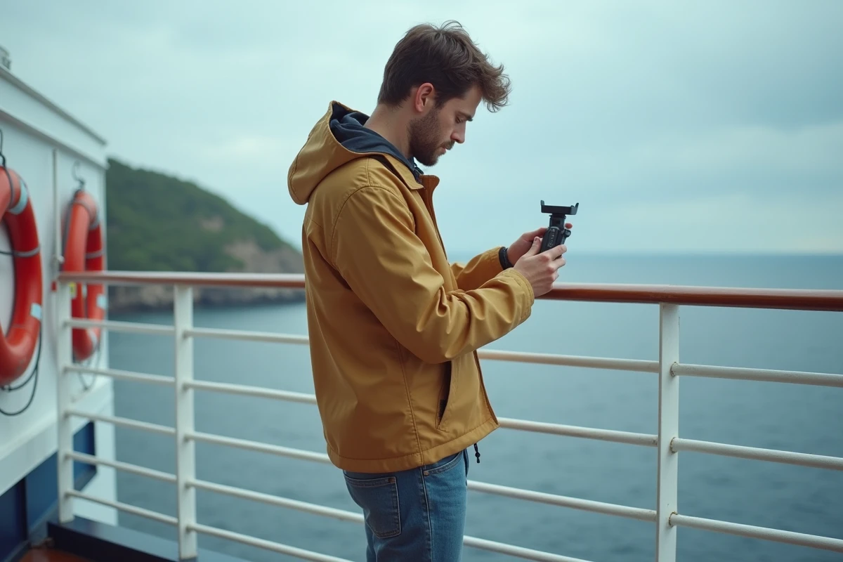 Jeune homme ajustant une antenne satellite sur le pont du bateau