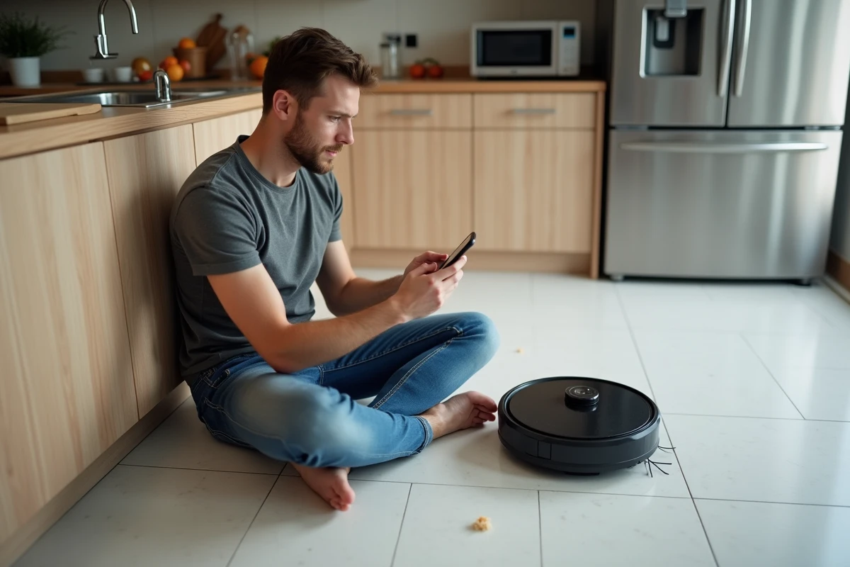 Jeune homme contrôlant un robot aspirateur avec son smartphone