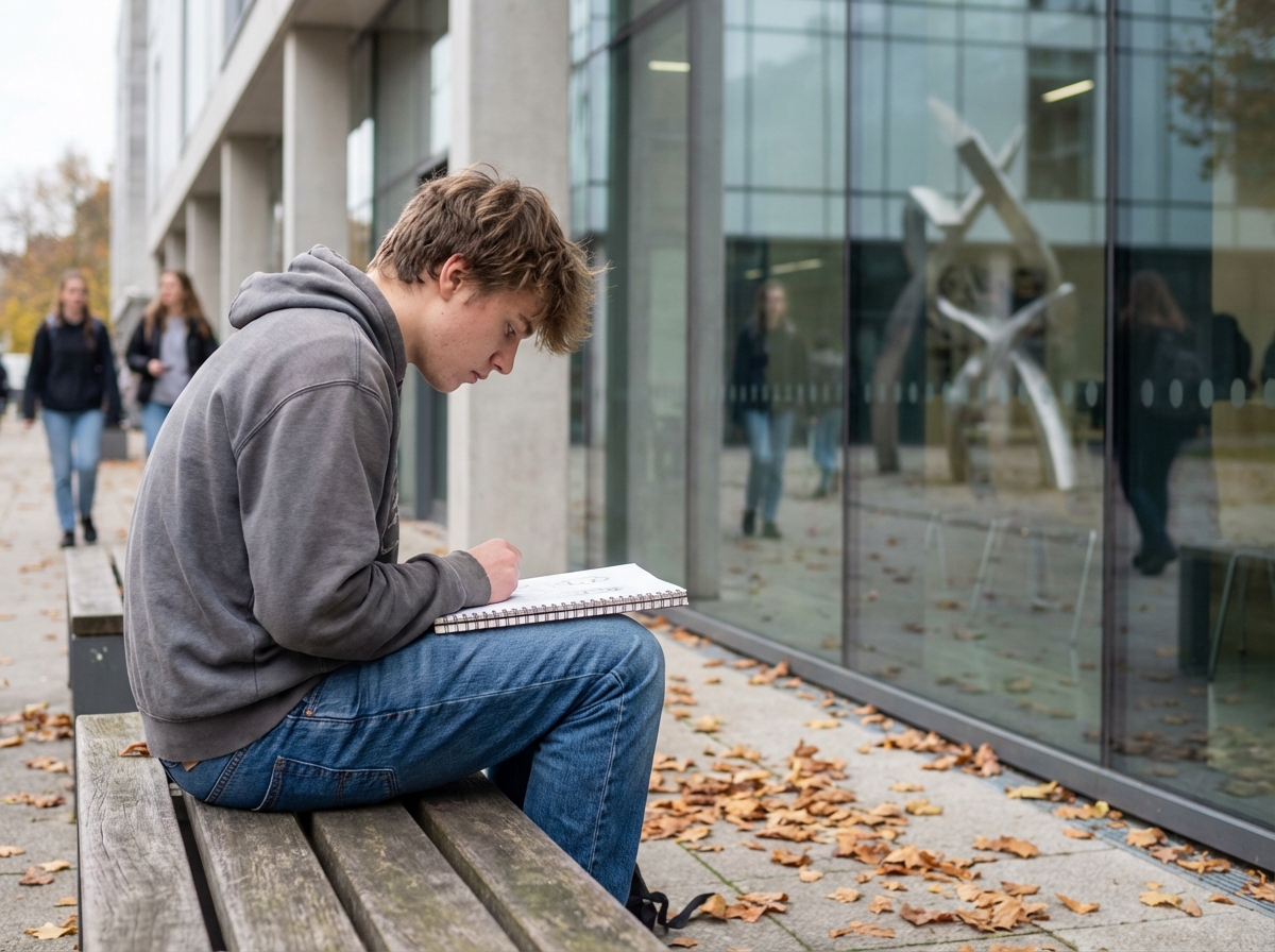 Jeune homme avec carnet de croquis sur un banc urbain