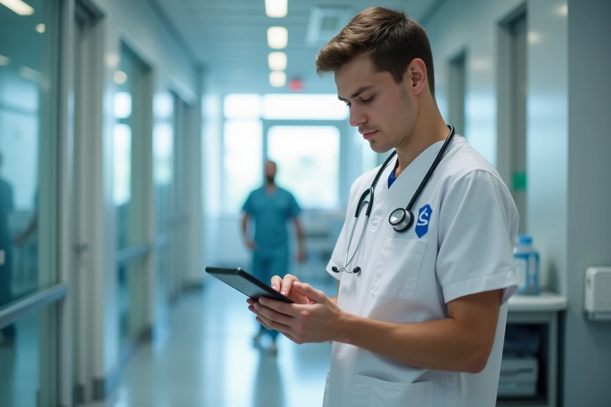 Jeune infirmier en uniforme blanc utilisant une tablette dans un couloir d