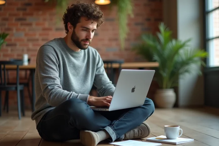 Un jeune professionnel suit une formation en ligne sur ordinateur portable dans un espace de coworking minimaliste et inspirant