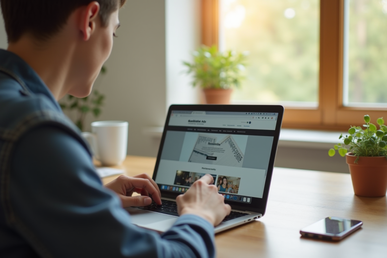 Jeune professionnel utilisant un ordinateur portable pour consulter des annonces immobilières
