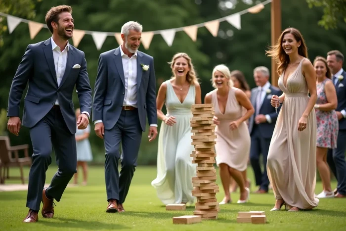 Groupe d'adultes riant lors d'un jeu de mariage en plein air