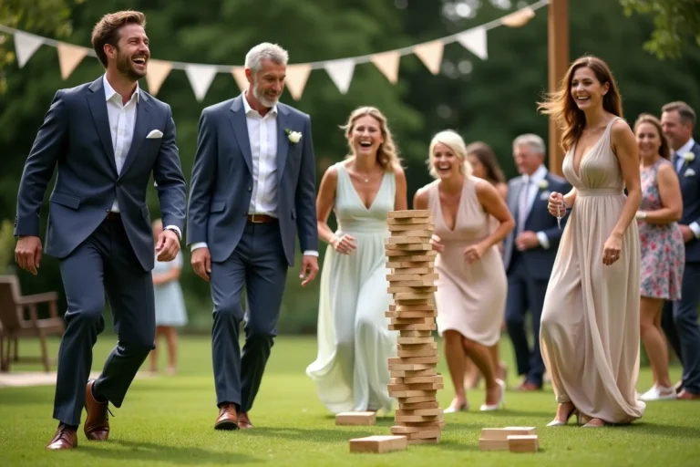 Groupe d'adultes riant lors d'un jeu de mariage en plein air