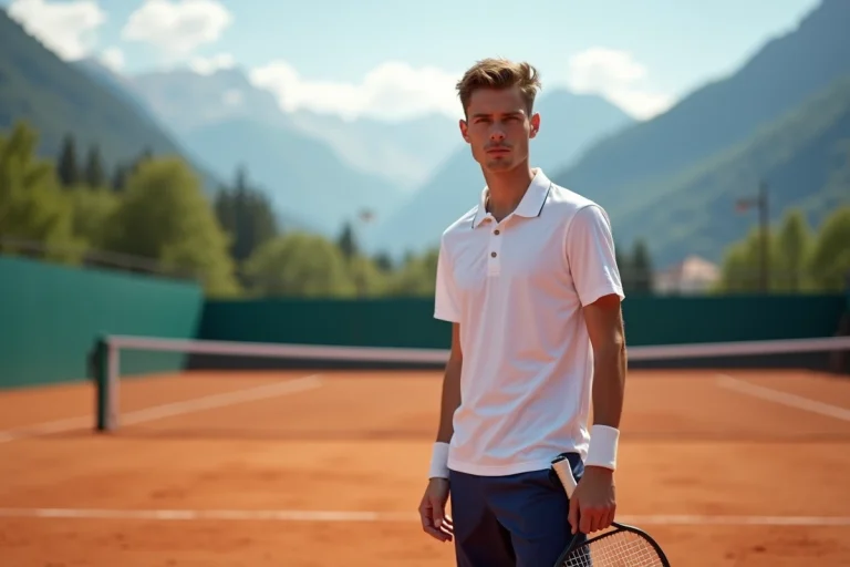 Joueur de tennis italien sur un court en terre battue avec les Dolomites en arrière-plan, évoquant les origines alpines de Jannik Sinner