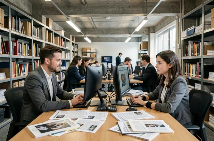 Journalistes collaborant sur la veille culturelle et médiatique dans une salle de rédaction moderne