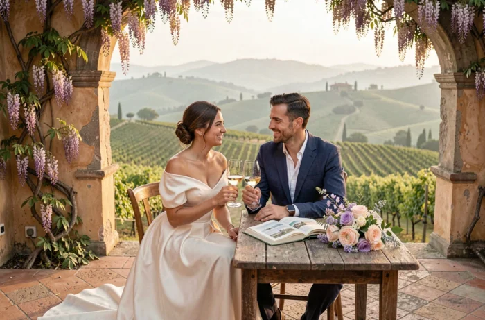 Jeunes mariés savourant un verre de vin sur une terrasse de villa toscane lors de leur lune de miel en Italie