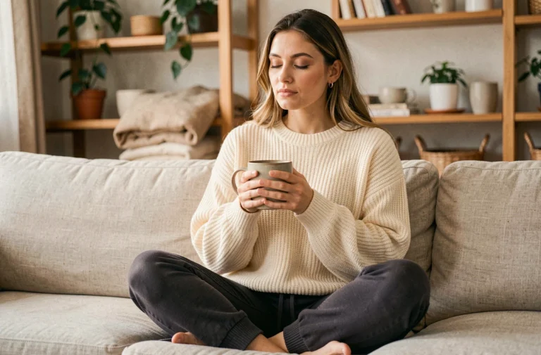 Maman se ressourçant avec une tasse de thé chaud dans un salon cosy, moment de bien-être au quotidien