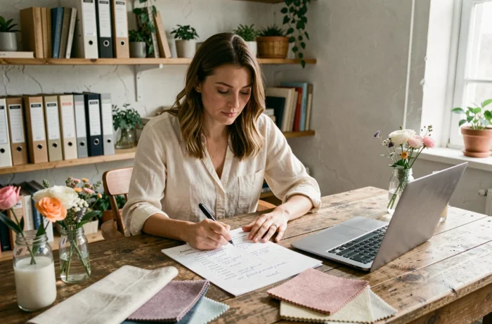 Femme organisant un mariage avec une liste de contrôle détaillée, des échantillons de tissu et un ordinateur portable sur un bureau en bois rustique