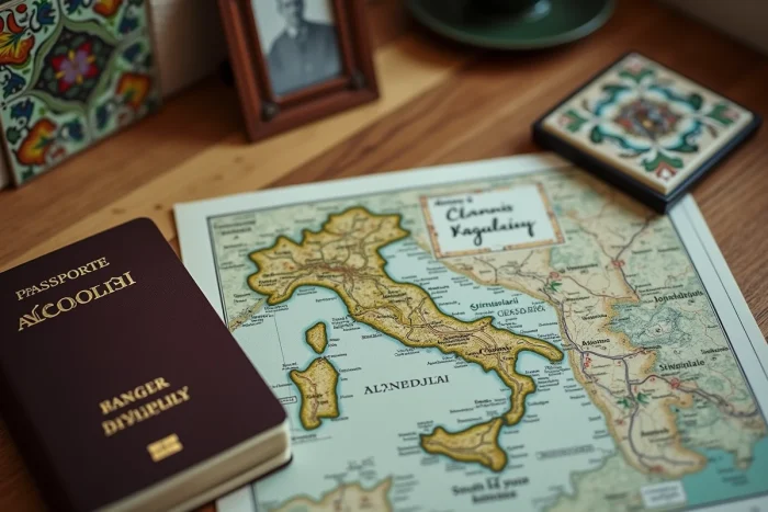 Composition de documents et objets symbolisant la double culture italienne et autrichienne du Tyrol du Sud, illustrant les origines et la nationalité des parents de Jannik Sinner