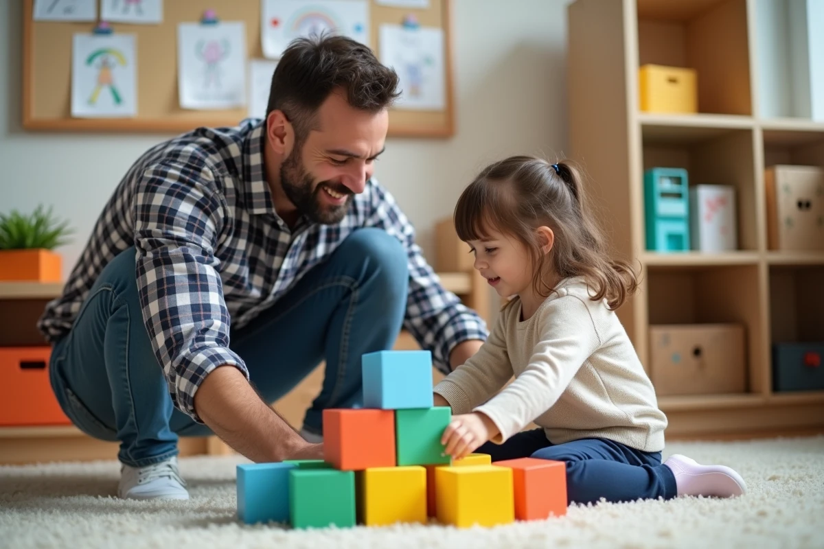 Père et fille jouant avec des blocs en classe ou à la maison