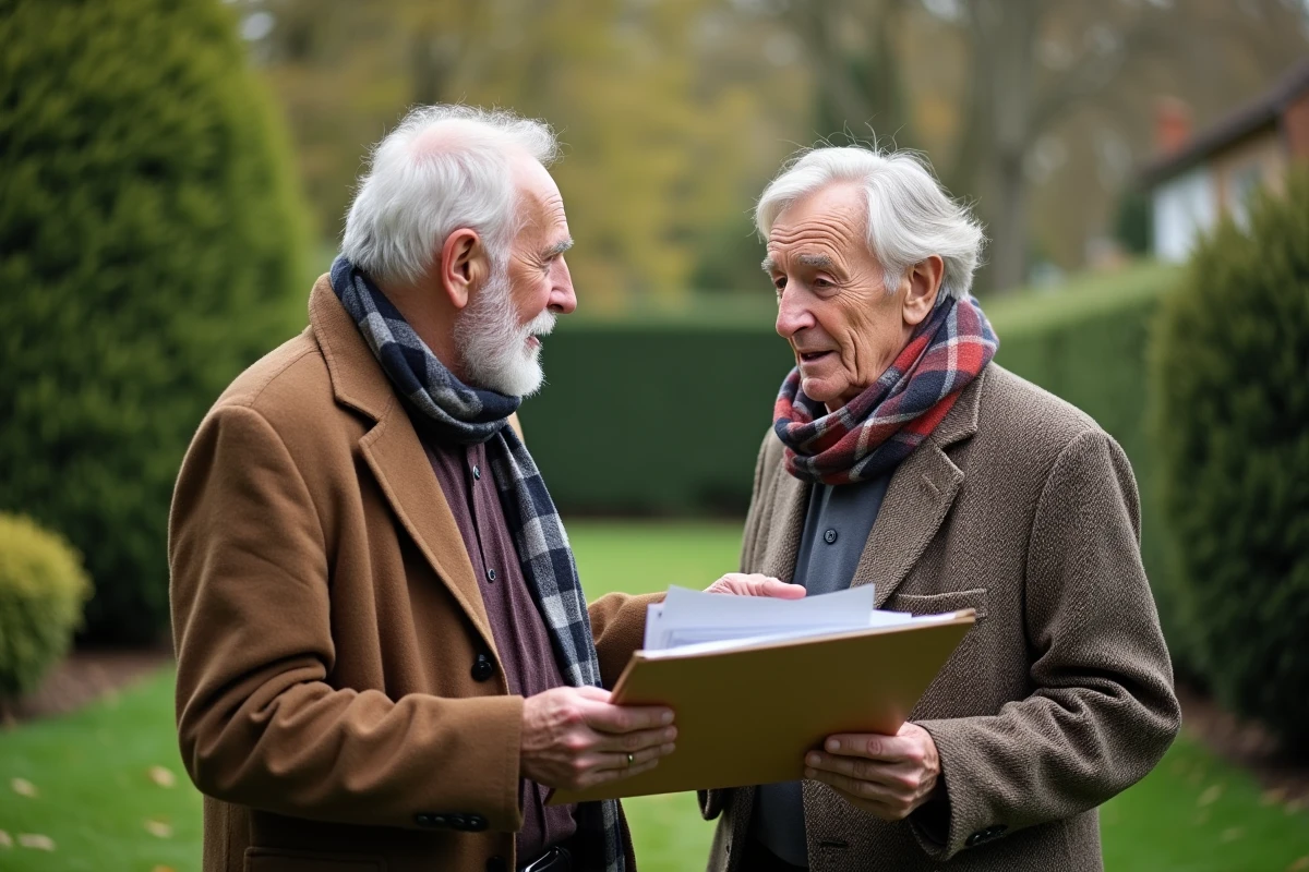 Père et fils discutant dans un jardin calme et verdoyant