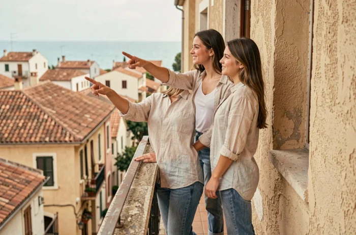Deux jeunes femmes sur le balcon d'une pension de famille avec vue sur les toits méditerranéens