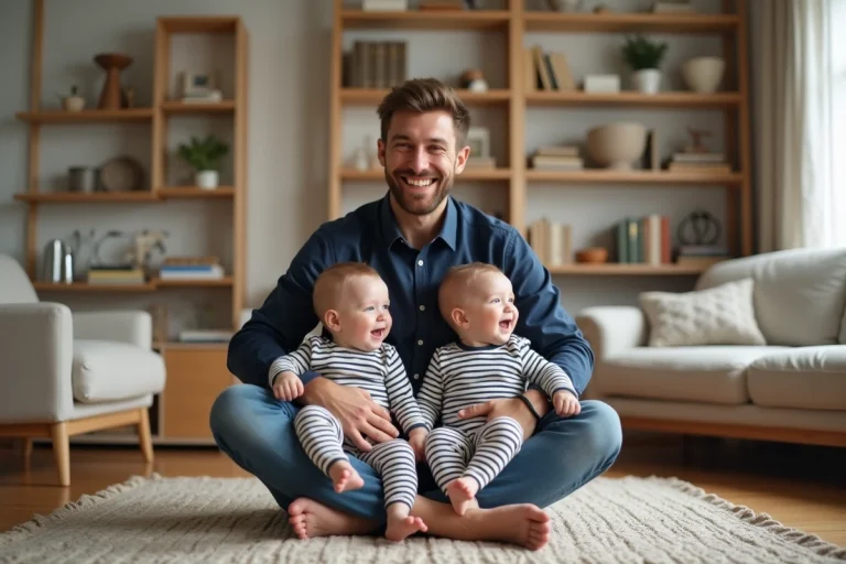 Père de jumeaux assis sur le sol avec ses deux fils identiques en bas âge, riant ensemble dans un salon scandinave chaleureux
