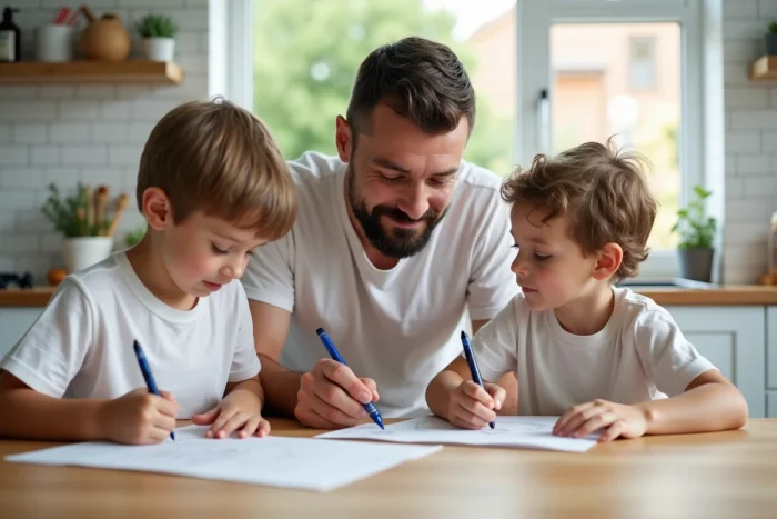 Père de jumeaux assis entre ses deux fils à la table de cuisine, aidant au dessin dans une atmosphère domestique authentique