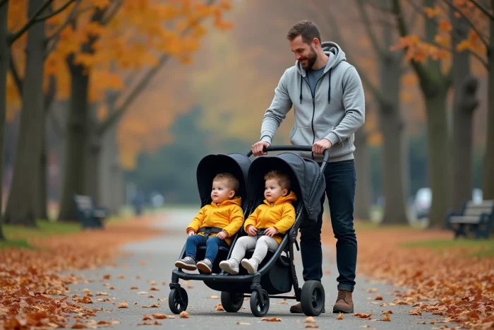Père de jumeaux poussant une double poussette dans un parc automnal avec ses deux filles en vestes jaunes assorties