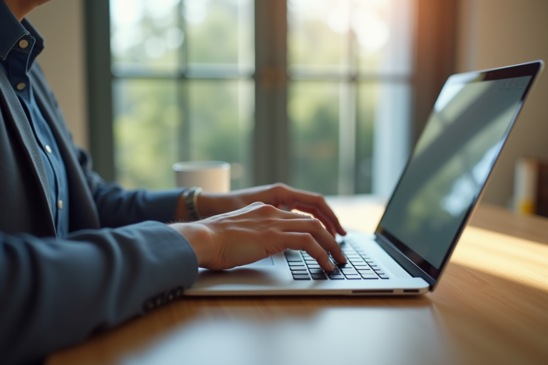 Personne tapant un message personnalisé sur un ordinateur moderne dans un bureau lumineux