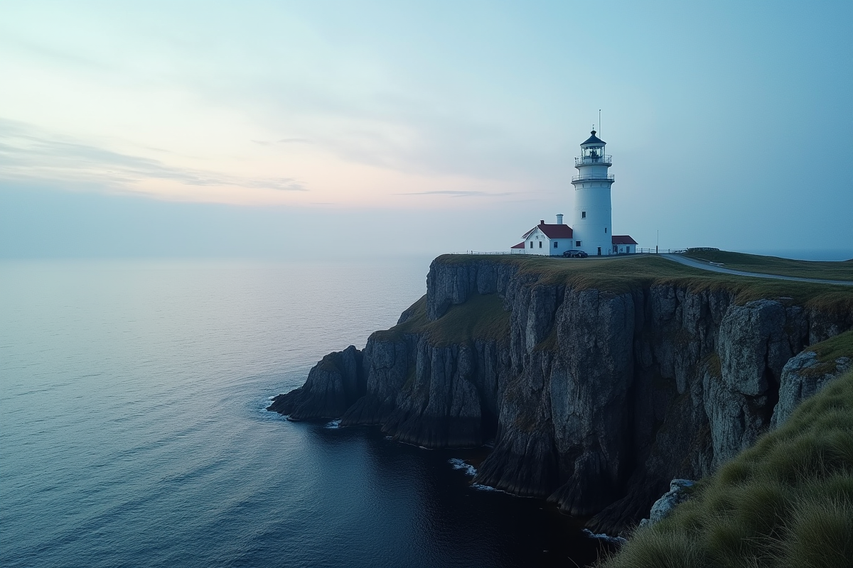 Phare au cap nordique au lever du jour avec vue claire