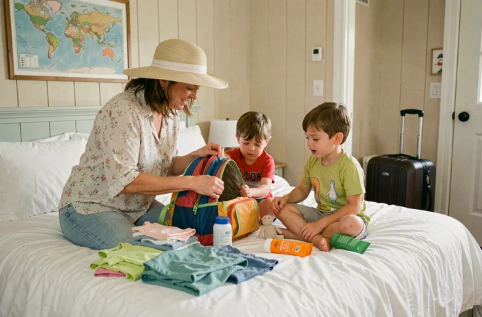 Mère et enfants en train de préparer et remplir des sacs à dos pour les vacances dans une chambre