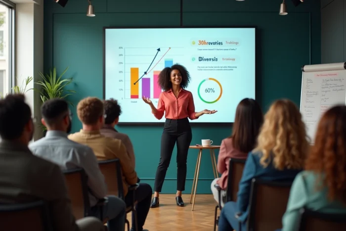 Femme hispanique présentant des données sur la diversité et l'évolution de carrière lors d'une formation professionnelle en entreprise
