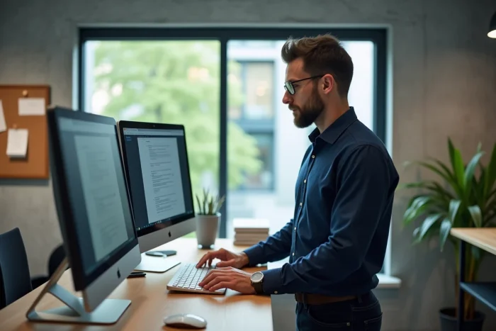 Professeur de l'Université de Lorraine consultant les paramètres avancés de sa messagerie institutionnelle dans son bureau