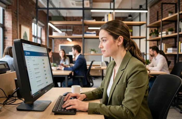 Jeune professionnelle consultant un annuaire officiel en ligne pour retrouver une adresse légalement