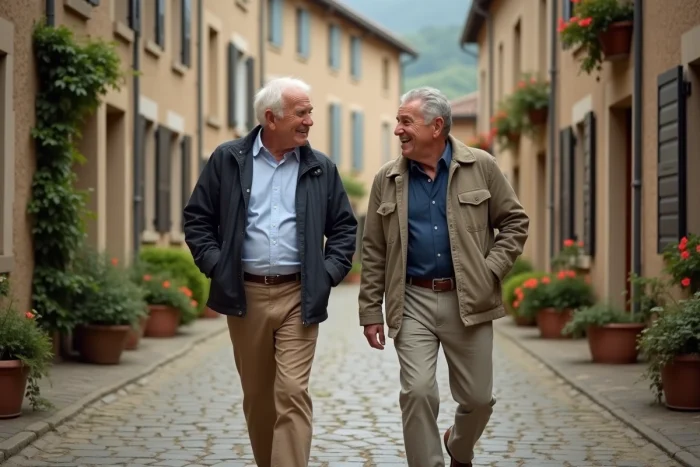Deux hommes se promenant ensemble dans un village français pittoresque, illustrant la complicité et la vie de couple d'un célèbre animateur de jardinage