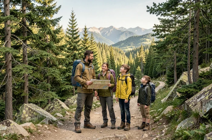 Famille en randonnée au départ d'un sentier de montagne entouré de forêts de pins