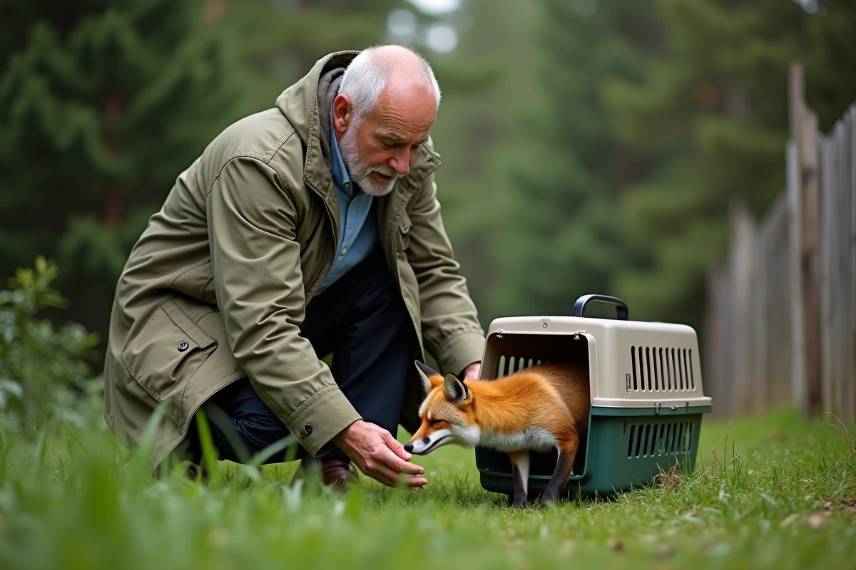 Homme relachant une renarde dans un sanctuaire naturel