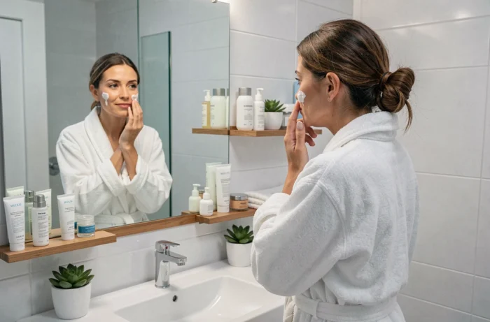 Maman prenant soin de sa peau devant le miroir de la salle de bain dans sa routine bien-être quotidienne
