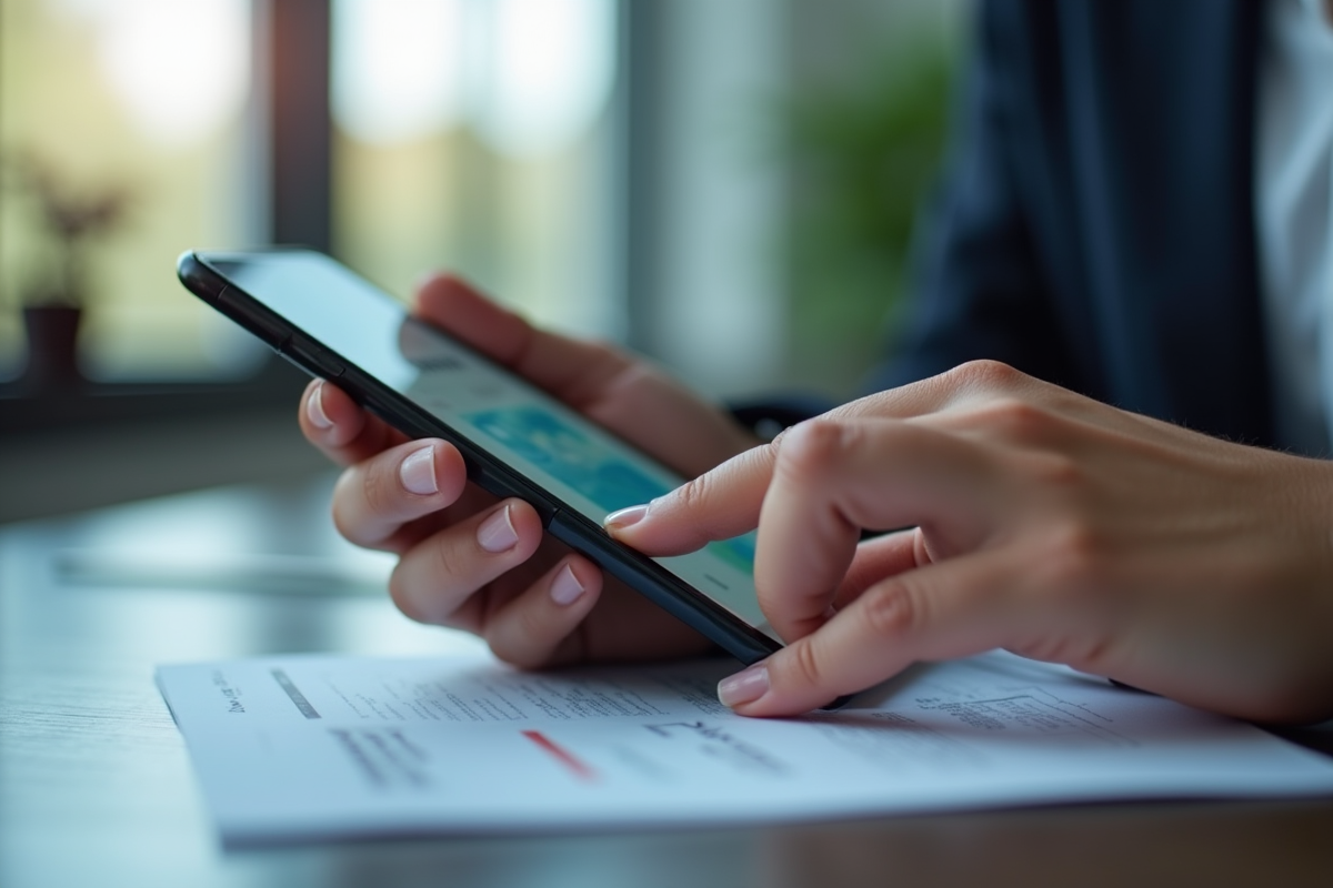 Mains tenant un smartphone scannant un document dans un bureau moderne