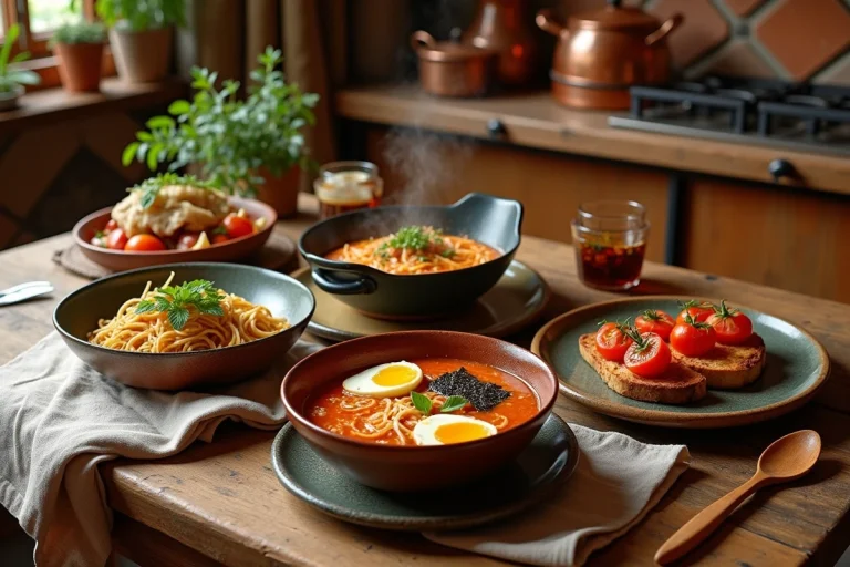 Table rustique avec des plats internationaux variés : ramen japonais, tagine marocain et bruschetta italienne sur un fond de cuisine méditerranéenne