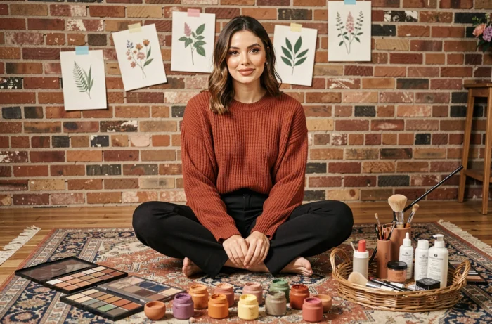 Jeune femme en pull rouille assise entourée de palettes de maquillage et pigments dans un studio créatif, inspirations beauté et makeup 2024