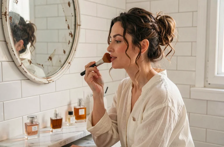 Femme aux cheveux bouclés appliquant un blush terracotta devant un miroir vintage dans une salle de bain parisienne, tendances maquillage 2024