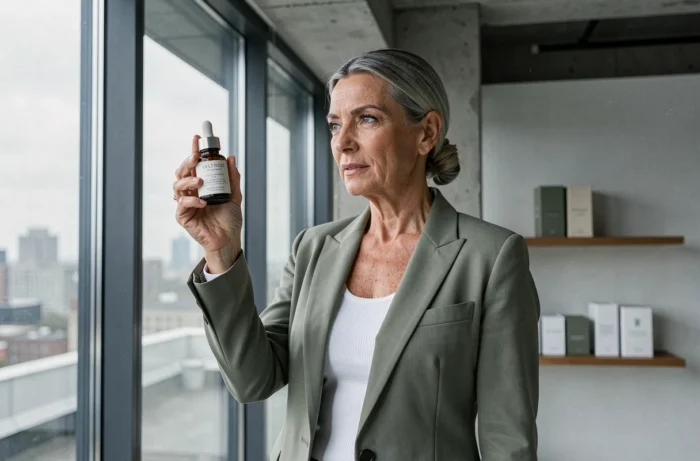 Femme de 40 ans en blazer vert sauge examinant un sérum skincare devant une fenêtre de loft urbain, routine beauté et soins de peau 2024