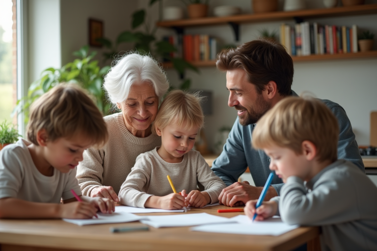 Trois générations de famille française dans une cuisine chaleureuse