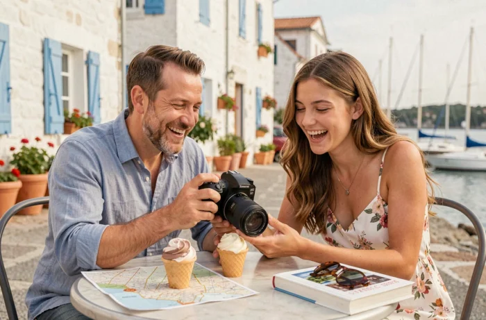 Famille en vacances dans un village côtier européen consultant un appareil photo à la terrasse d'un café