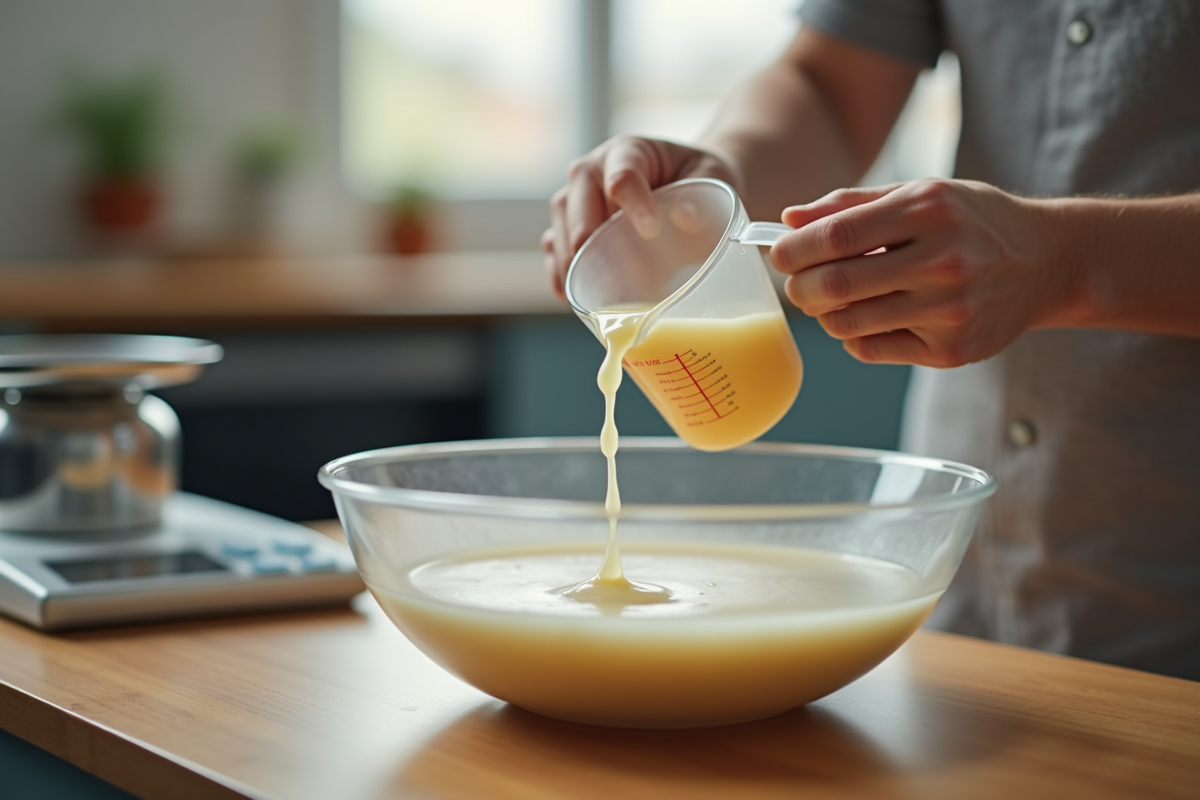 Mains versant liquide dans un bol avec balance
