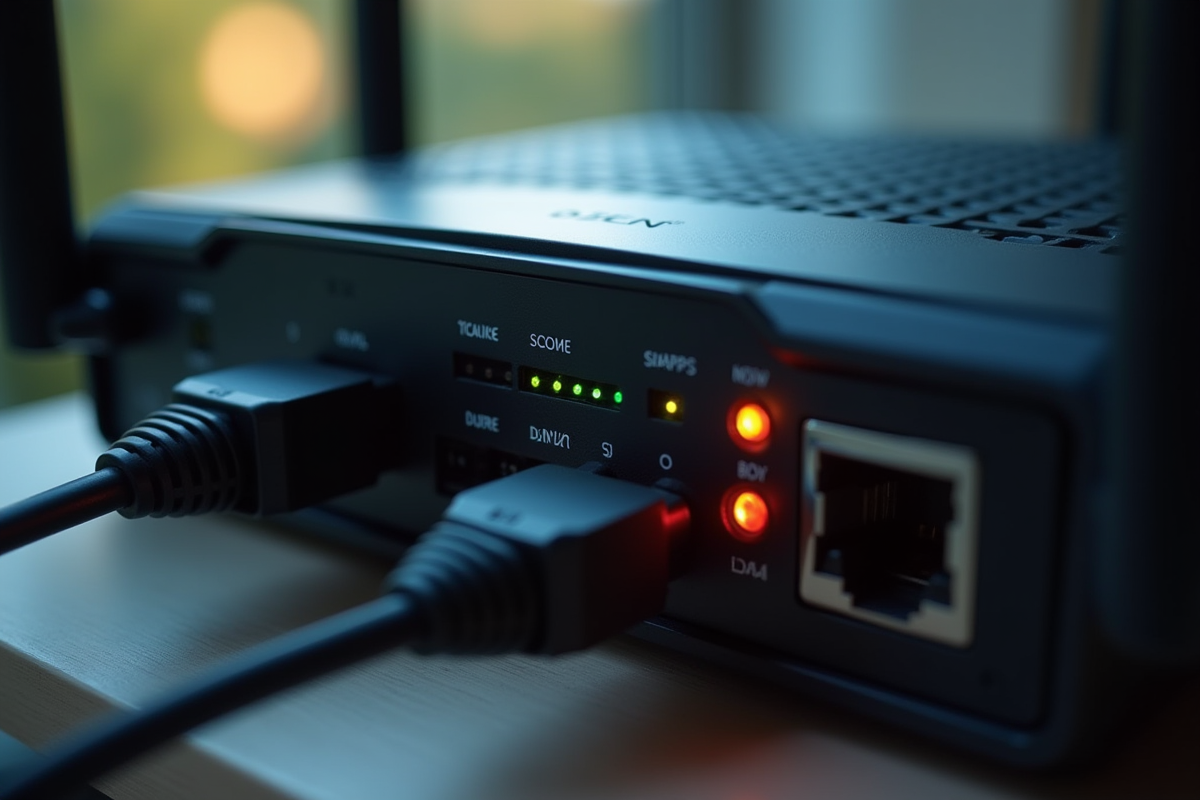 Zoom sur les voyants et ports d un modem en lumière naturelle